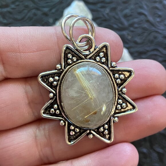 Golden Rutilated Quartz Crystal Stone Jewelry Pendant - Picture 1 of 8